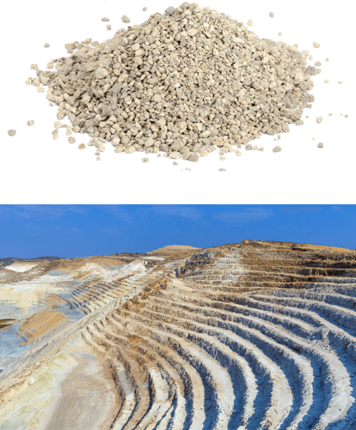 A pile of clay cat litter above a photo of a bentonite clay strip mine