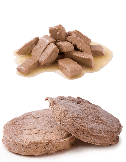 A small pile of wet dog food and a small pile of frozen patty dog food