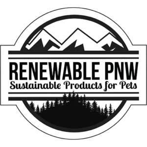 An icon showing mountains and trees with the words renewable pnw, sustainable products for pets