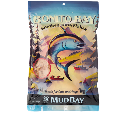 A photo of a package of Mud Bay Bonito Bay tuna flake cat treat